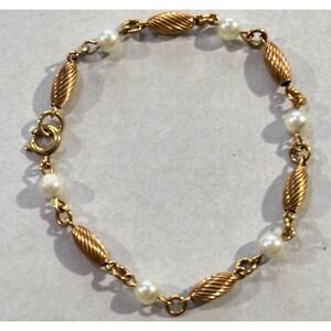 12K Gold Filled Pearl Bracelet With Gold Beads 7 Inches